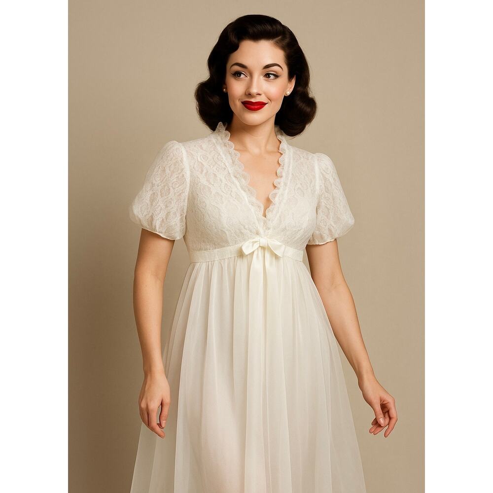 Vintage 60's Frothy Chiffon White Maxi Nightgown Robe M/L Bridal Lace Coquette‎